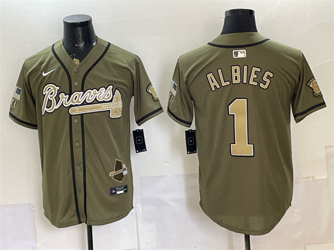 Men's Olive Atlanta Braves #1 Ozzie Albies 2026 Armed Forces Day Stitched Baseball Jersey